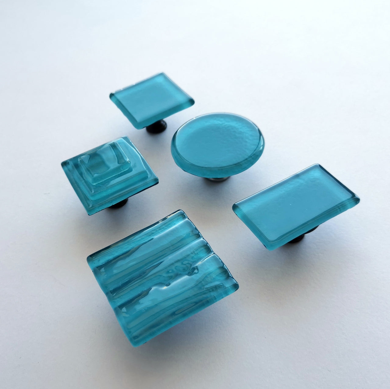 Lake Blue Fused Glass Knob. Artistic Matte Blue Furniture Glass Knob - 0048