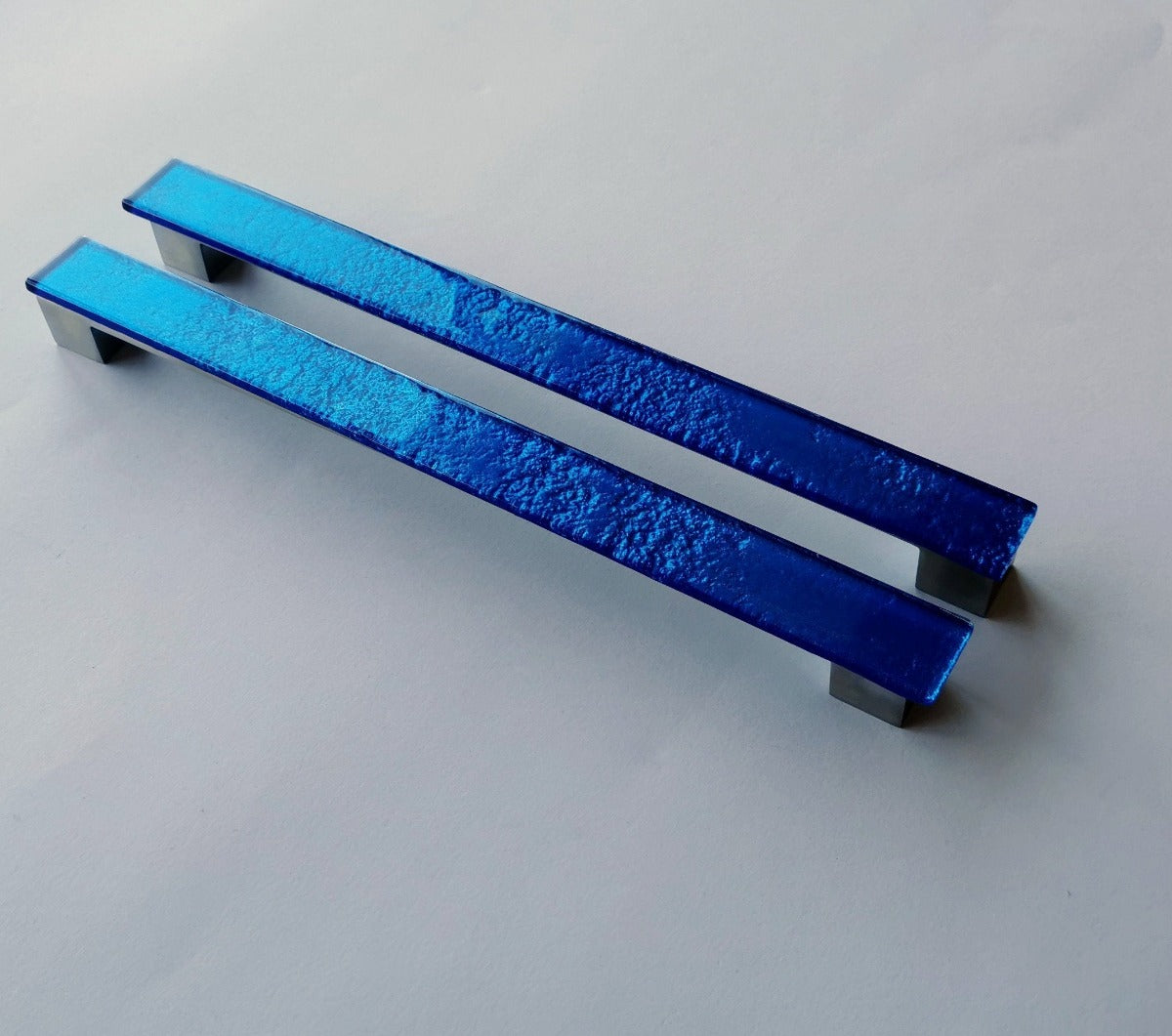 A Set of 2 Large Glass Pulls in Cobalt Blue. Artistic Bright Blue Fridge Glass Pulls - 0021