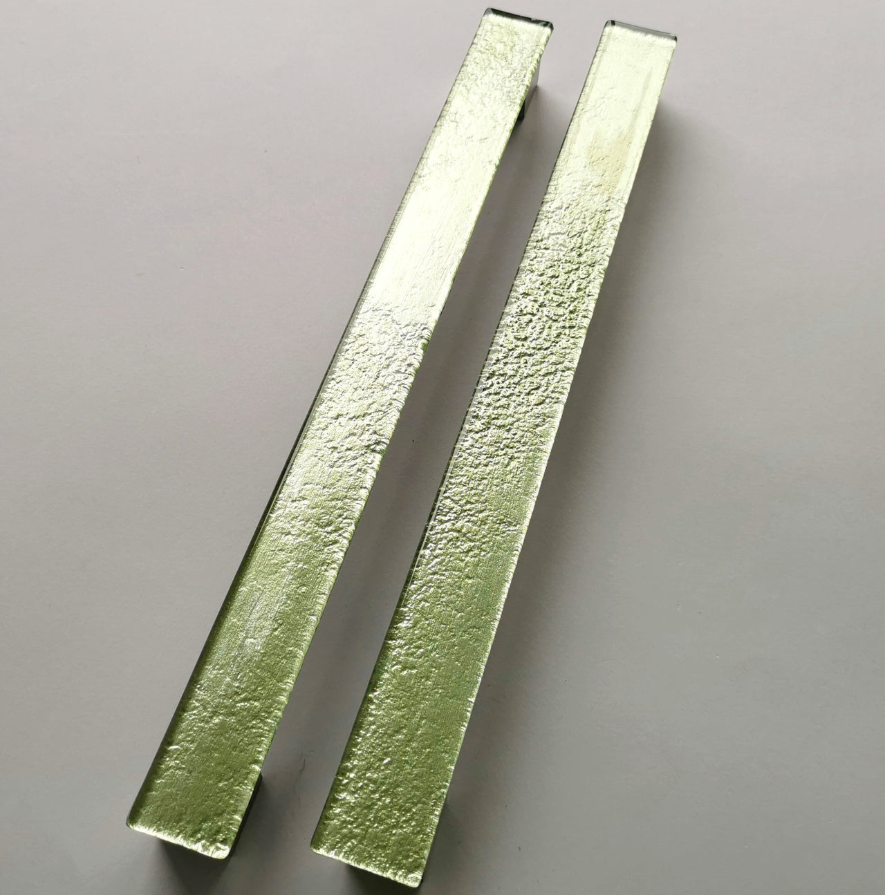 A Set of 2 Large Glass Pulls in Golden Green. Large Golden Green Fused Glass Handle - 0050