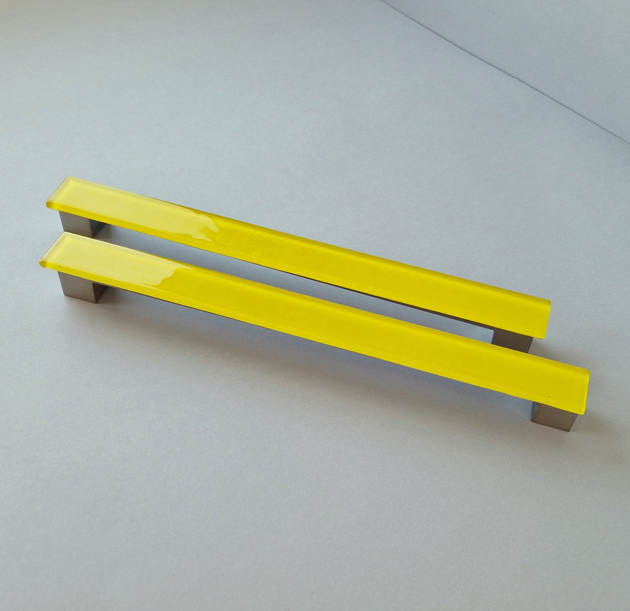 A Set of 2 Large Glass Pulls in Sunny Yellow. Artistic Bright Yellow Furniture Glass Pull - 0044