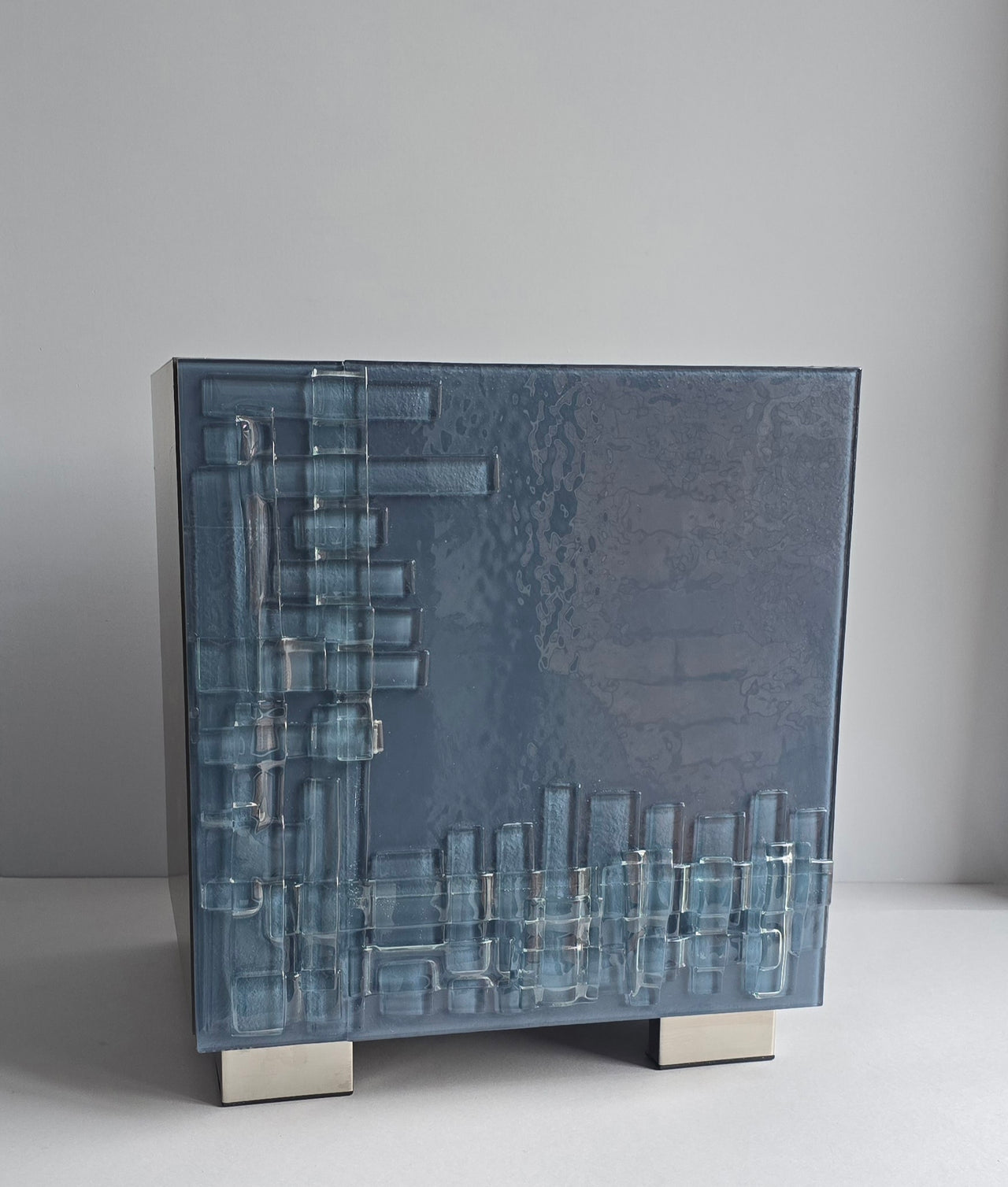 Artistic Polar Grey Glass Door Tile Night Stand. Grey Color Bespoke Night Stand. Glass Tile Cabinet in Gray Color 0058