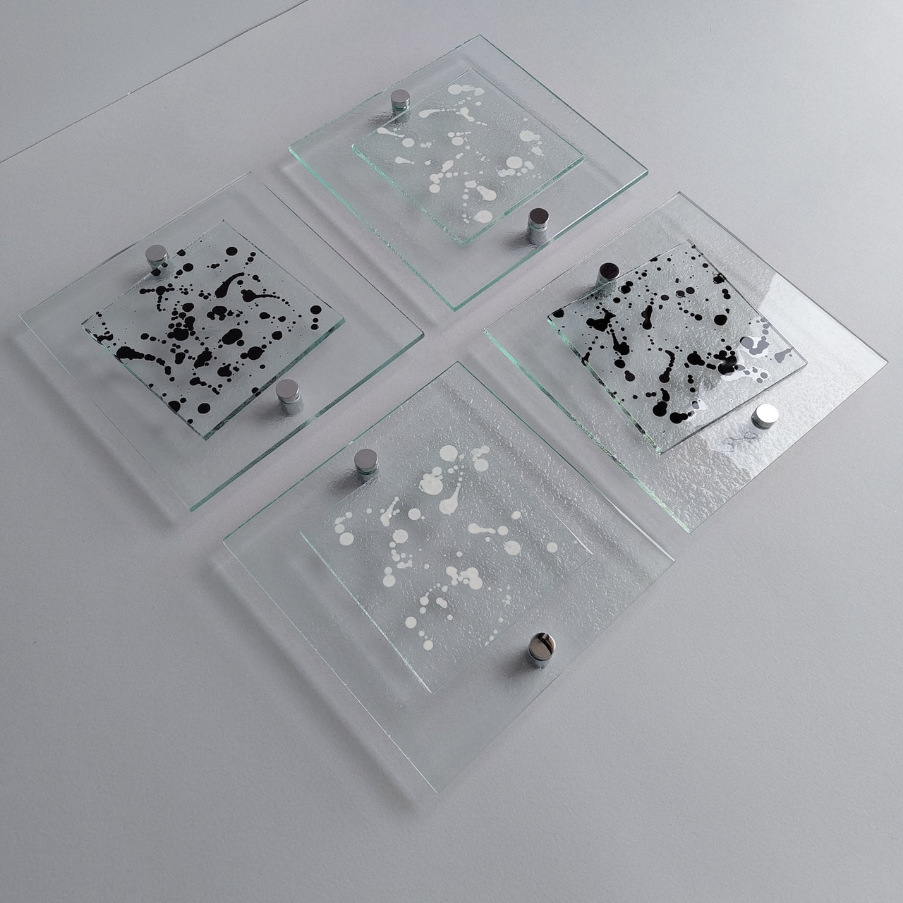 Set of 4 Fused Glass Jackson Pollock Inspired Wall Art Panel With White and Black. Modern Glass Wall Art. Elements 11