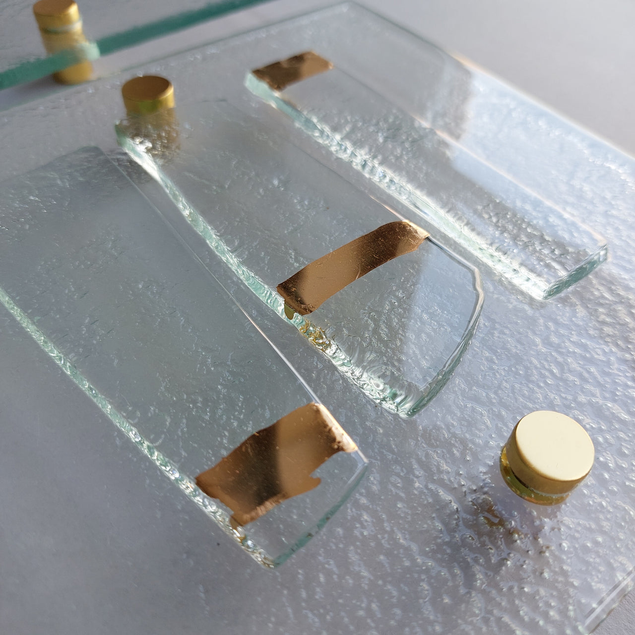 Set of 6 Artistic Clear Fused Glass Wall Art Panels With Gold. Gold Detailed Glass Wall Panels. Elements 12