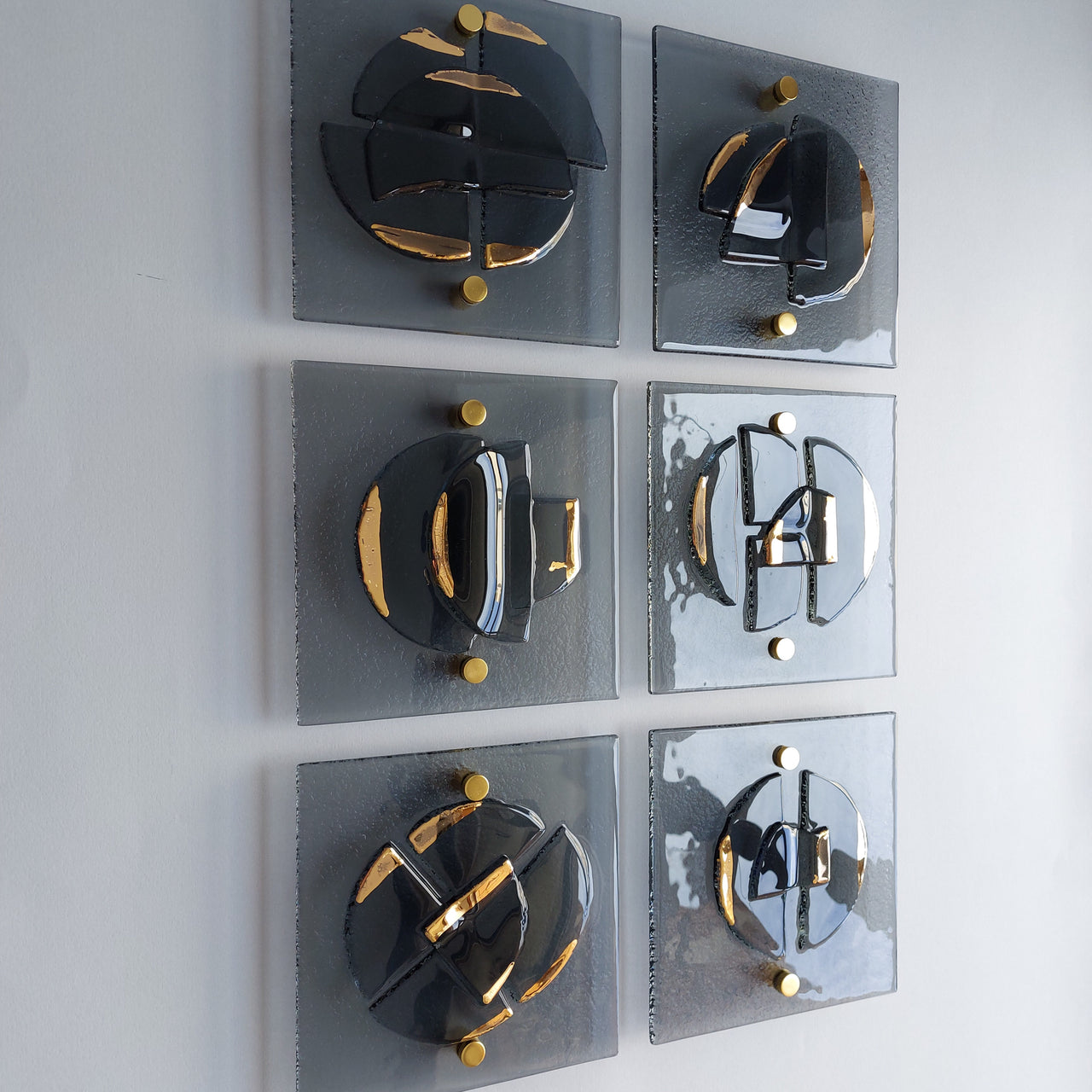 Set of 6 Artistic Grey Fused Glass Wall Art Panels With Gold. Gold Detailed Glass Wall Panels. Elements 13