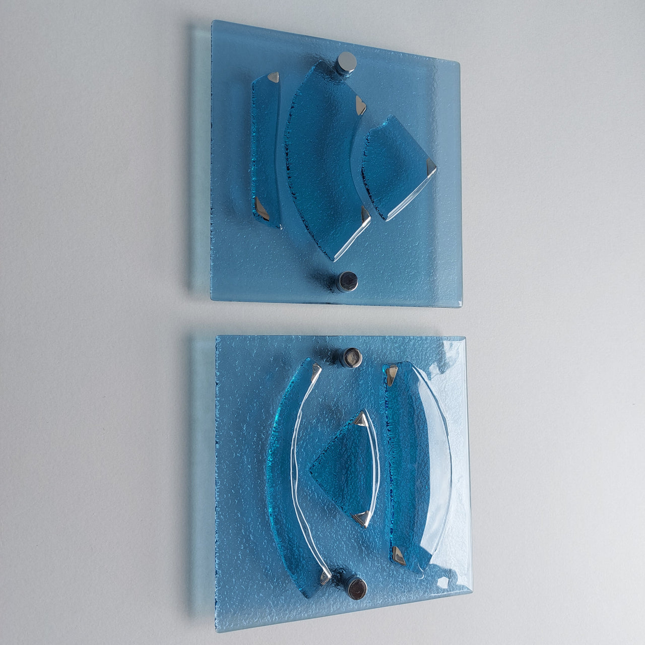 Set of 2 Artistic Blue Fused Glass Wall Art Panels With Platinum. Platinum Detailed Glass Wall Panels. Original Wall Art. Elements 14