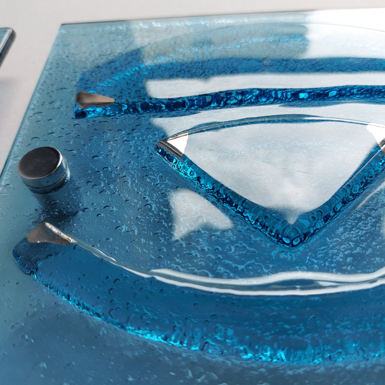 Set of 2 Artistic Blue Fused Glass Wall Art Panels With Platinum. Platinum Detailed Glass Wall Panels. Original Wall Art. Elements 14
