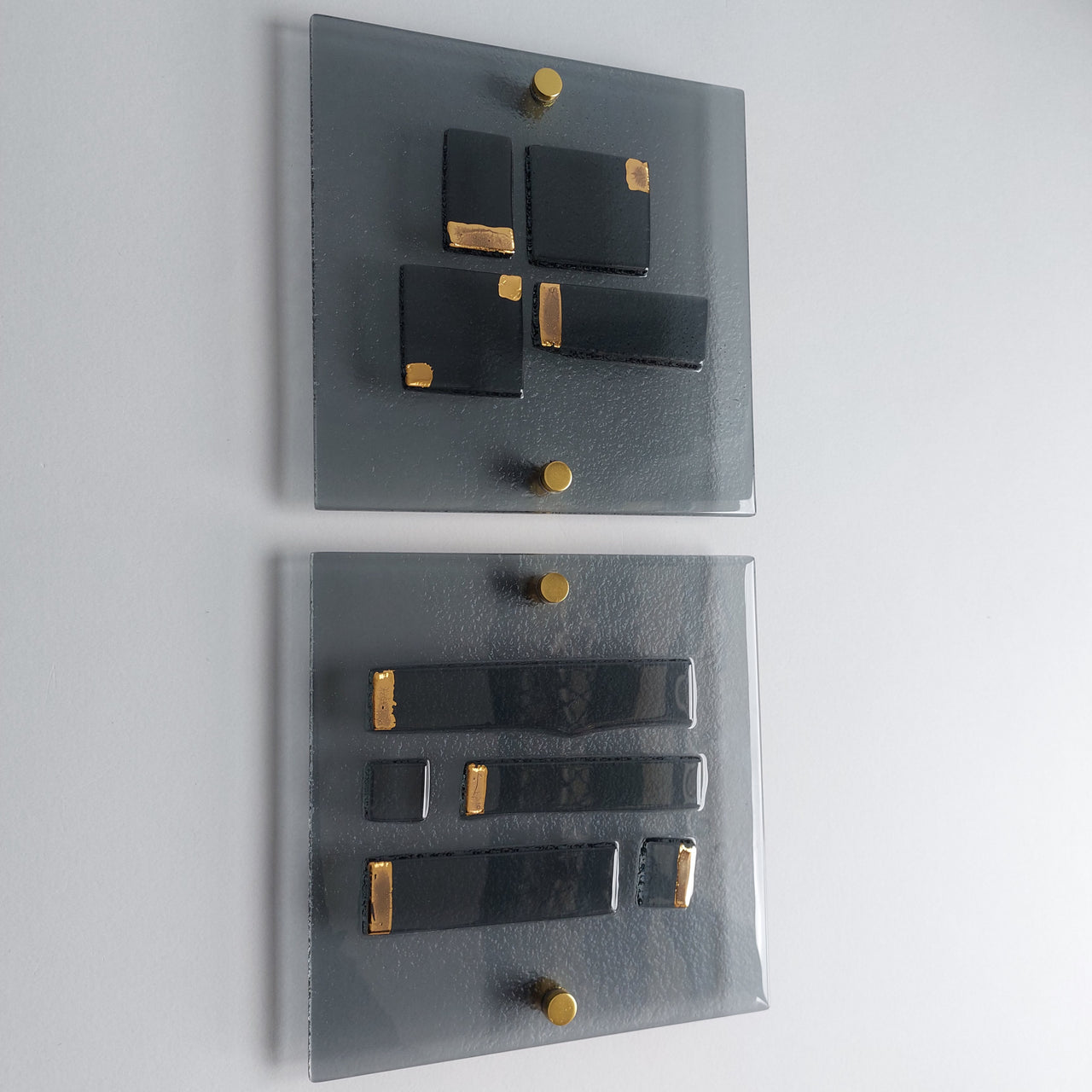 Set of 2 Artistic Grey Fused Glass Wall Art Panels With Gold. Gold Detailed Glass Wall Panels. Original Wall Art. Elements 15