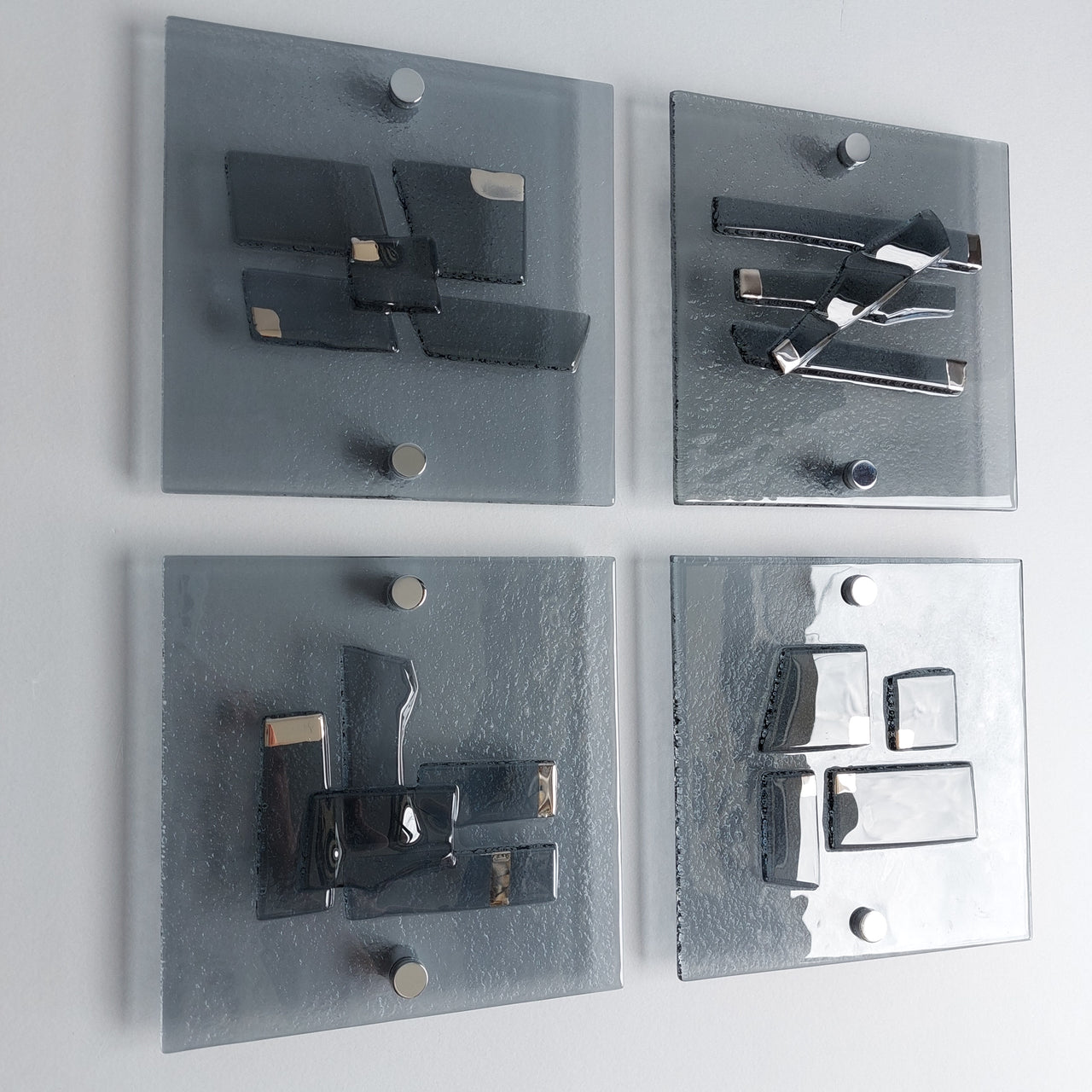 Set of 4 Artistic Grey Fused Glass Wall Art Panels With Platinum. Platinum Detailed Glass Wall Panels. Original Wall Art. Elements 17