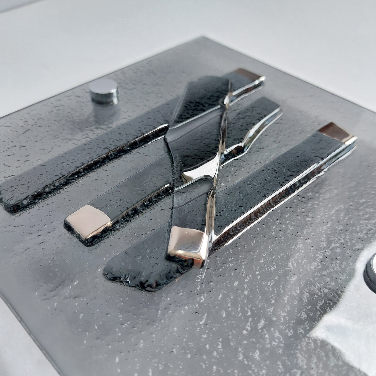 Set of 4 Artistic Grey Fused Glass Wall Art Panels With Platinum. Platinum Detailed Glass Wall Panels. Original Wall Art. Elements 17