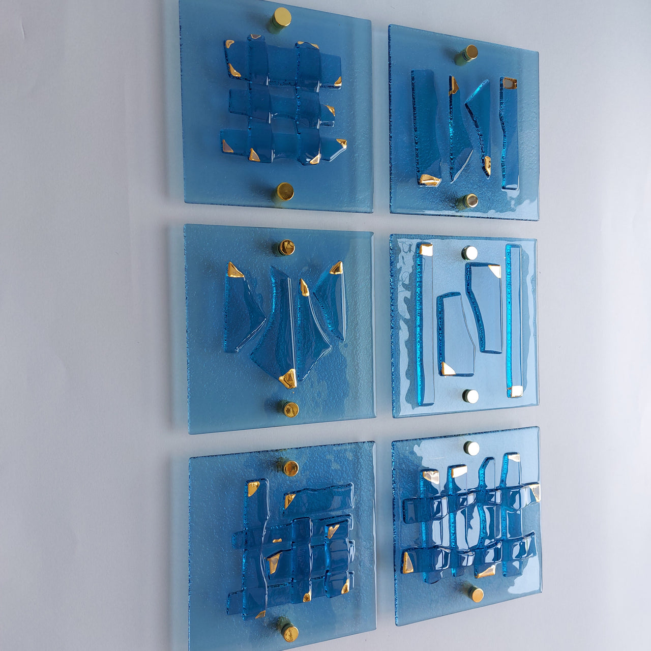 Set of 6 Artistic Blue Fused Glass Wall Art Panels With Gold. Gold Detailed Glass Wall Panels. Original Wall Art. Elements 20