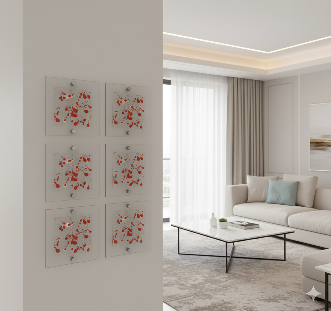 Wall Art Installation of 3/4/6/9/12/16 Artistic Fused Glass Panels in Vivid Orange. Textured Detailed Glass Wall Panels. Original Wall Art. Jax Collection