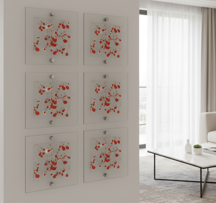 Wall Art Installation of 3/4/6/9/12/16 Artistic Fused Glass Panels in Vivid Orange. Textured Detailed Glass Wall Panels. Original Wall Art. Jax Collection