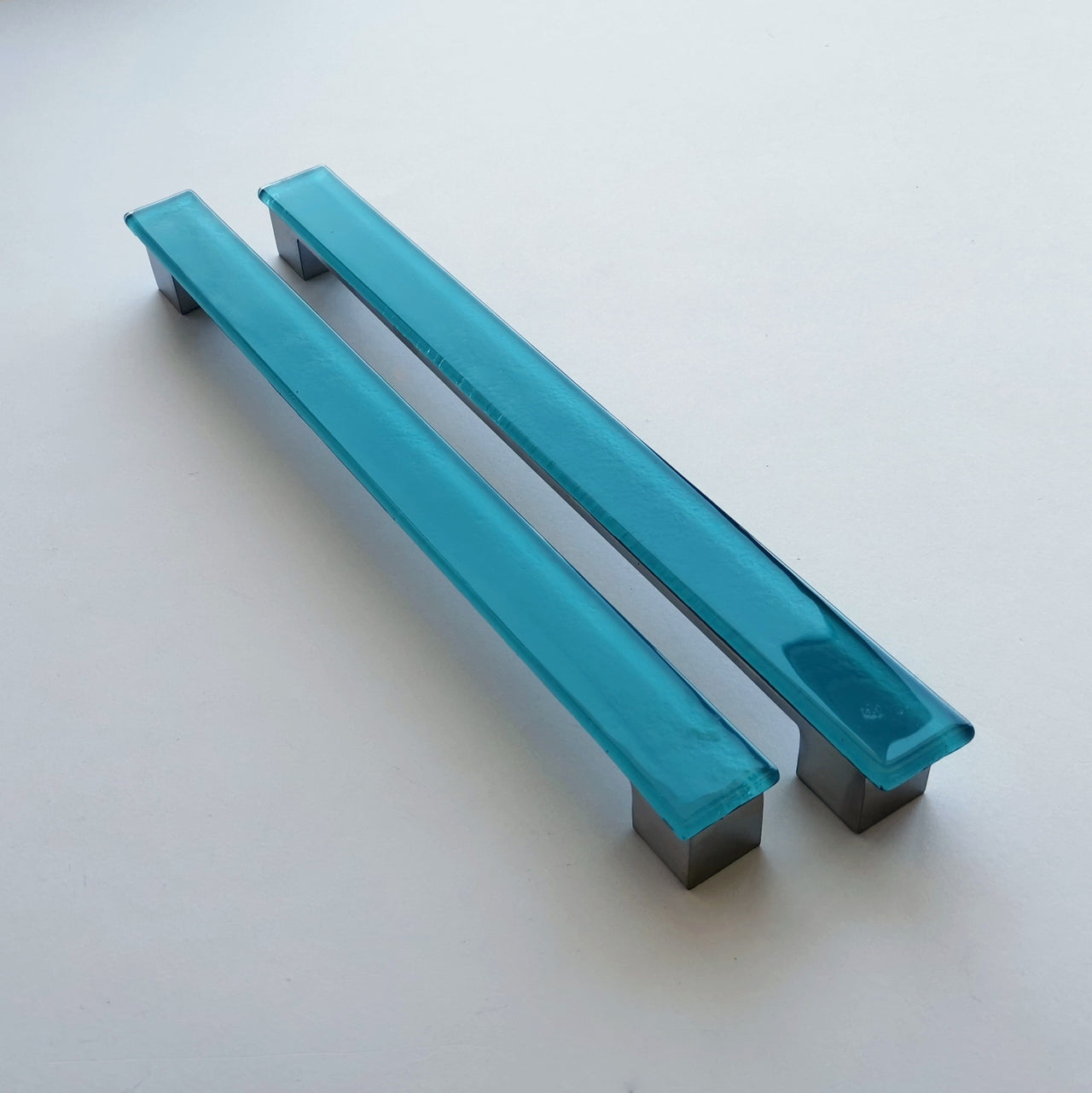 A Set of 2 Lake Blue Large Glass Pulls. Artistic Matte Blue Furniture Glass Pull - 0048