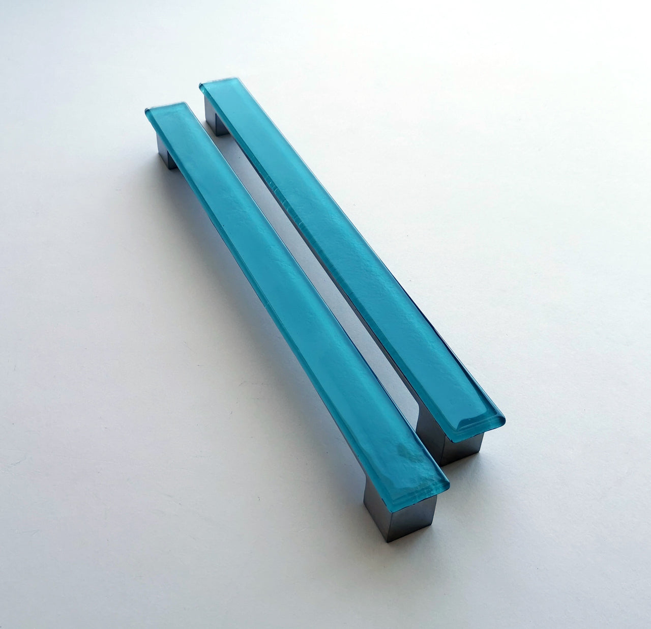A Set of 2 Lake Blue Large Glass Pulls. Artistic Matte Blue Furniture Glass Pull - 0048