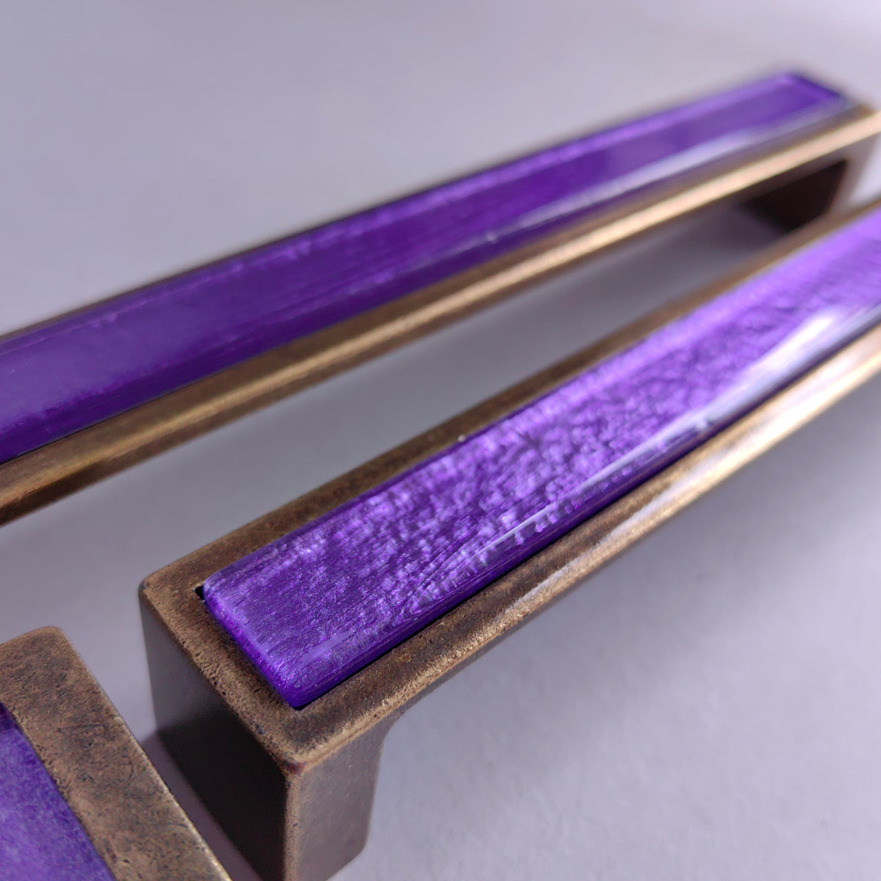 Pop-up Bright Purple Glass Pop-up Pull/Knob. Antique Brass Metal Finish. Pop-up Glass Handles - 0015