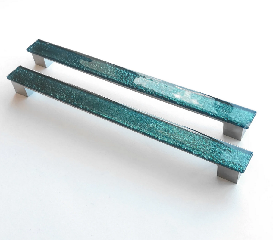 Set of 2 Large Glass Pulls in Petrol Green. Large Dark Green Fused Glass Handle - 0023