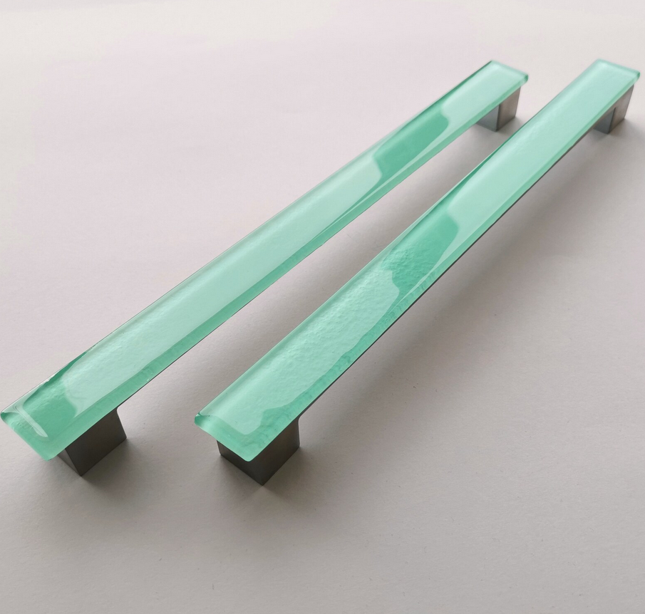 A Set of 2 Large Glass Pulls in Tender Matte Mint. Artistic Matte Mint Furniture Glass Pull - 0032