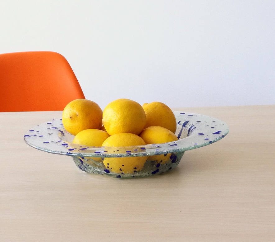 Modern Minimalist Fused Glass Fruit Bowl. Centerpiece Fruit Bowl. Mininalist Glass Bowl. Cobalt Blue Accents Glass Bowl. Designer Glass Bowl