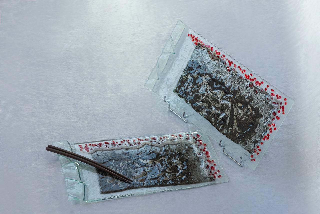 OOK Fused Glass Sushi Platters Set of 2. Fused Glass Cheese Platters with Grey and Red Accents. Set of 2 Artistic Fused Glass Platters DHL