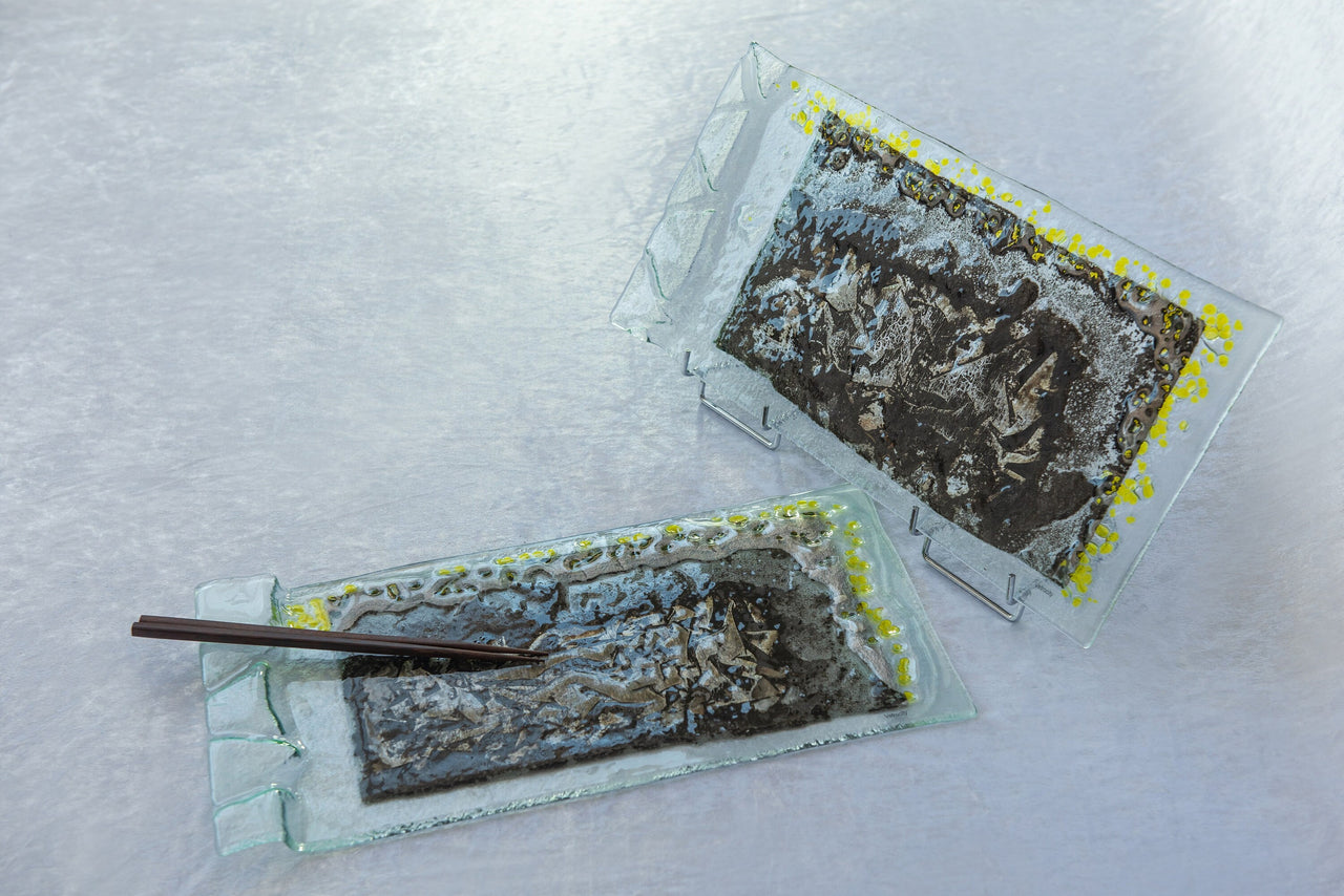 OOK Fused Glass Sushi Platter Set of 2. Fused Glass Cheese Platters with Grey and Yellow Accents. Set of 2 Artistic Fused Glass Platters DHL