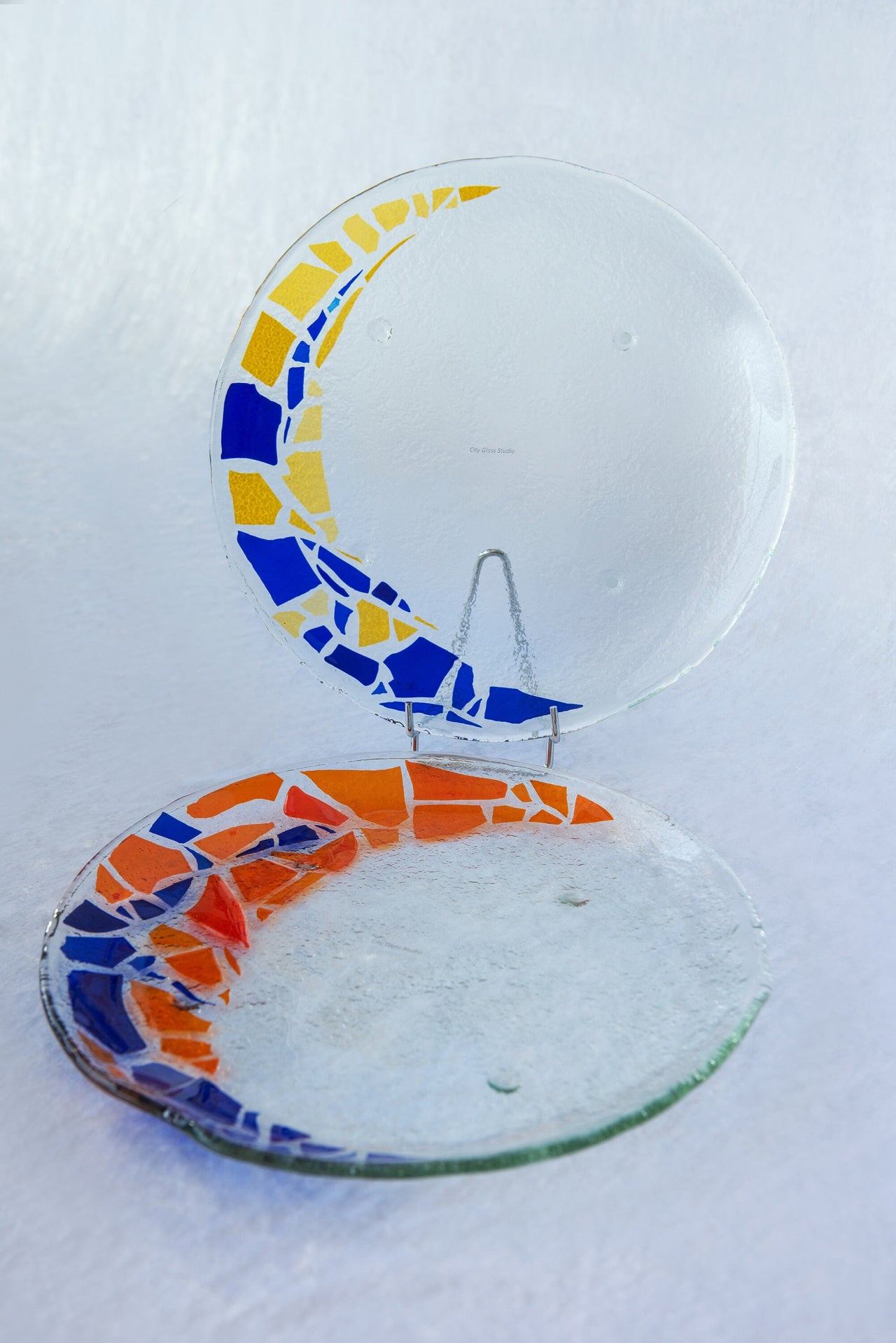 Set of 2 Unique Fused Glass Serving Platters in Blue, Orange and Yellow. Round Shaped Fused Glass Platters Set of Two DHL