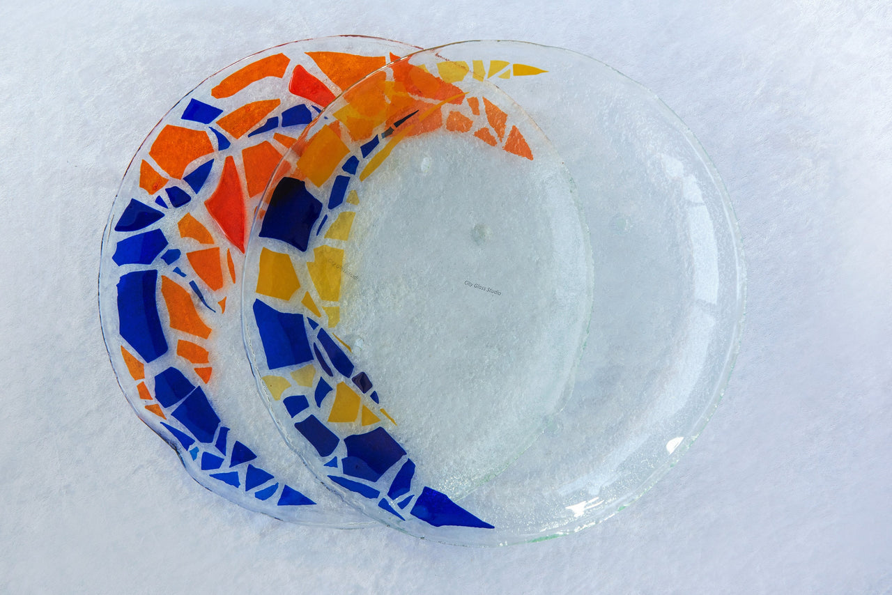 Set of 2 Unique Fused Glass Serving Platters in Blue, Orange and Yellow. Round Shaped Fused Glass Platters Set of Two DHL