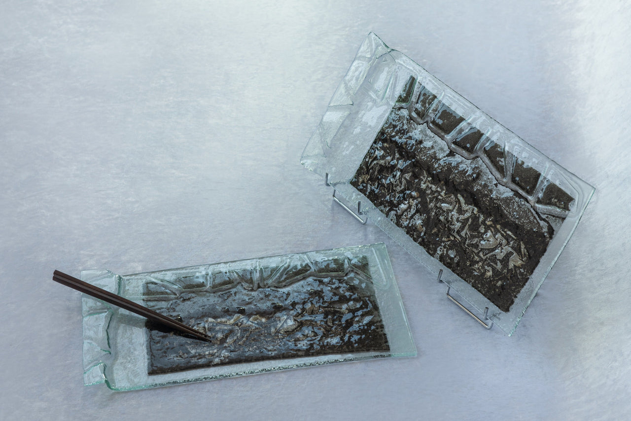 OOK Fused Glass Sushi Platter Set of 2. Statement Fused Glass Cheese Platters in Metallic Grey. Set of 2 Artistic Fused Glass Platters DHL