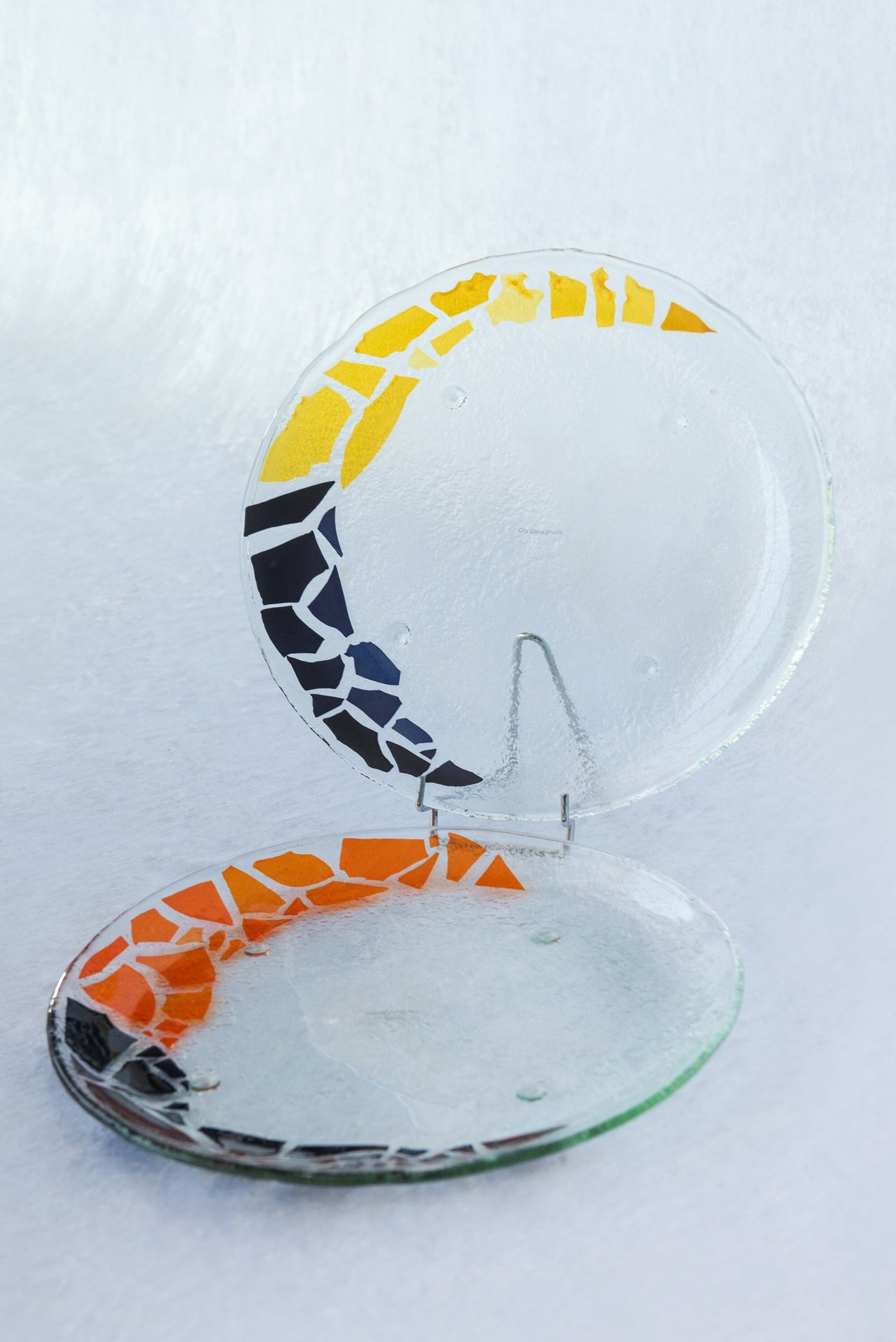 Set of 2 Unique Fused Glass Serving Platters in Black, Orange and Yellow. Round Shaped Fused Glass Platters Set of Two