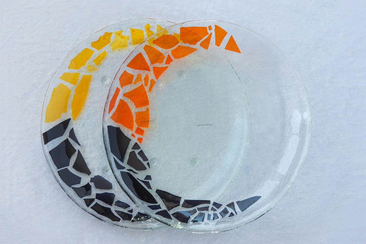 Set of 2 Unique Fused Glass Serving Platters in Black, Orange and Yellow. Round Shaped Fused Glass Platters Set of Two