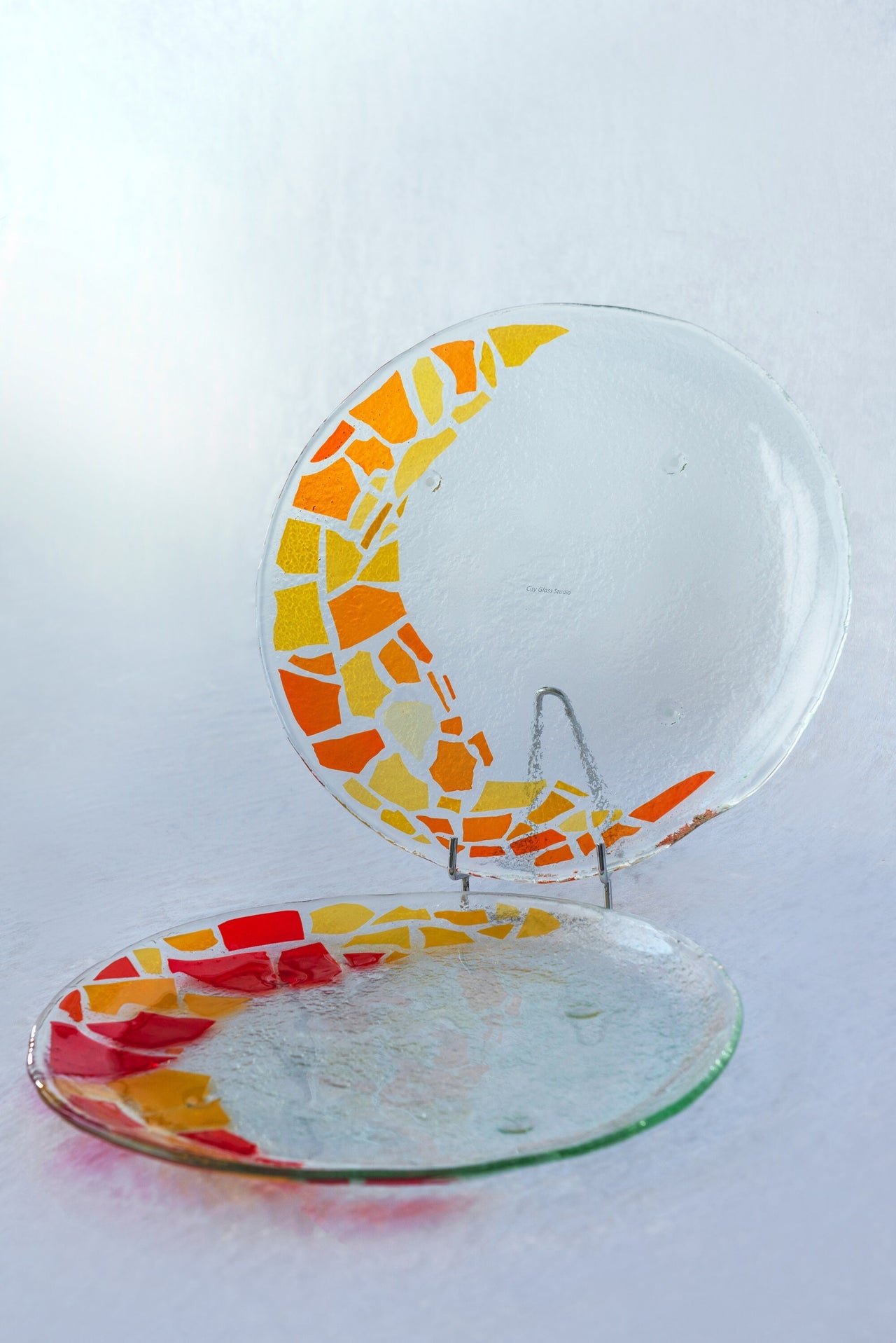 Set of 2 Unique Fused Glass Serving Platters in Red, Orange and Yellow. Round Shaped Fused Glass Platters Set of Two