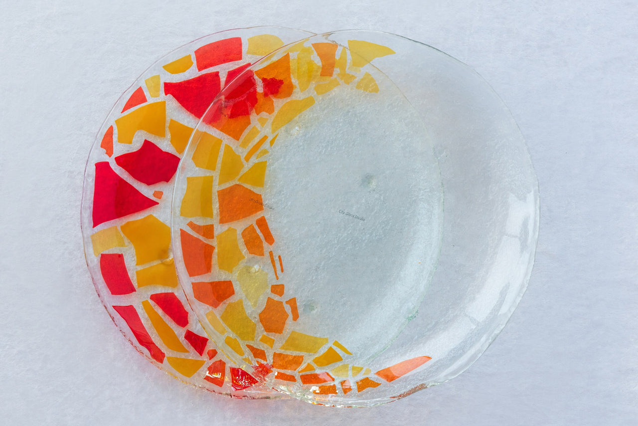 Set of 2 Unique Fused Glass Serving Platters in Red, Orange and Yellow. Round Shaped Fused Glass Platters Set of Two
