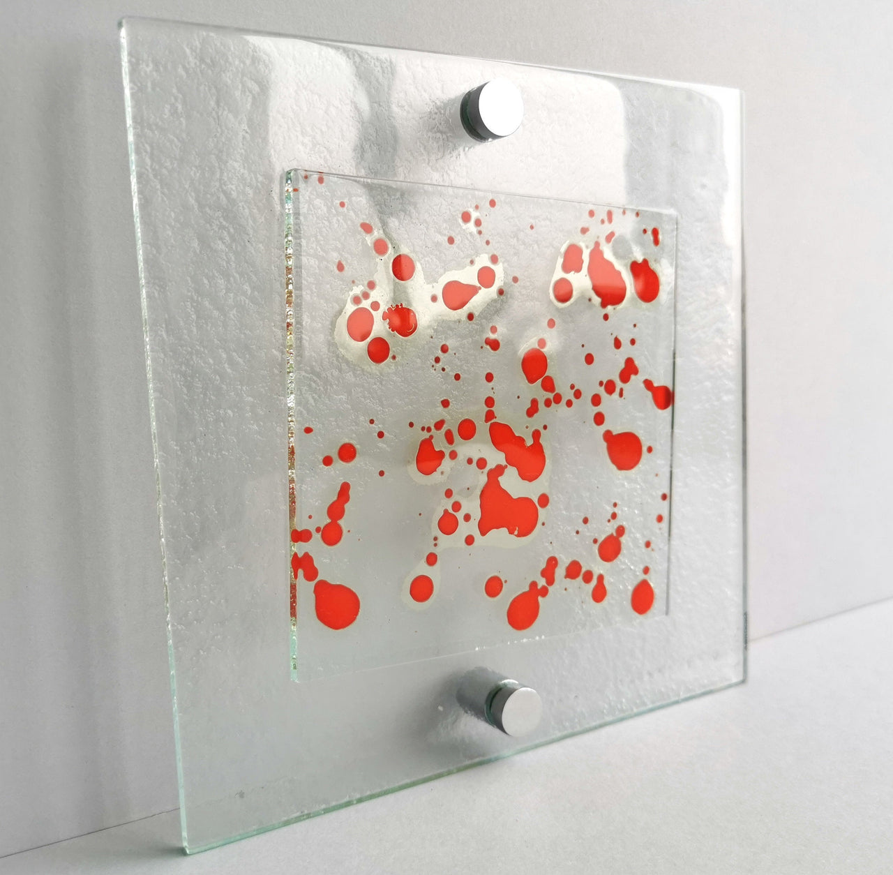 Fused Glass Jackson Pollock Inspired Wall Art Panel. Red Detailed Glass Wall Art