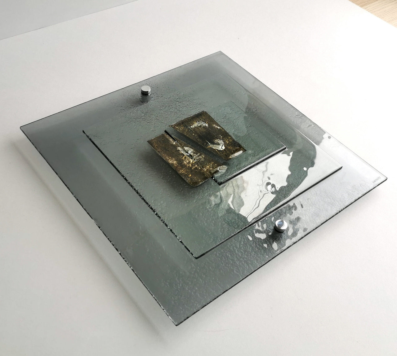 Artistic Grey Fused Glass Wall Art Panel. Gold Detailed Glass Wall Panel. Modern Grey Glass Wall Art. Original Artistic Glass Art. Quadro 1