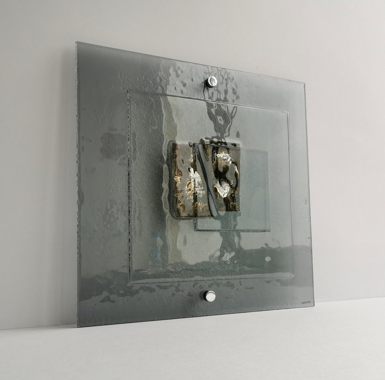 Artistic Grey Fused Glass Wall Art Panel. Gold Detailed Glass Wall Panel. Modern Grey Glass Wall Art. Original Artistic Glass Art. Quadro 1