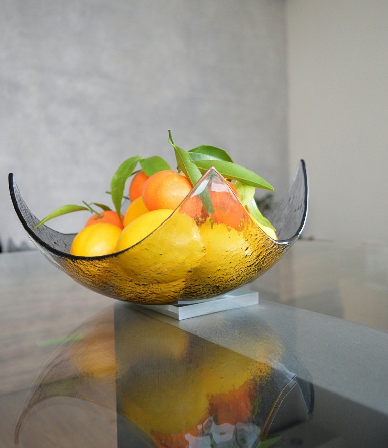 Modern Minimalist Fruit Bowl. Centerpiece Salad Bowl. Mininalist Fused Glass Bowl. Transparent Grey Fused Glass Bowl. Display Bowl L