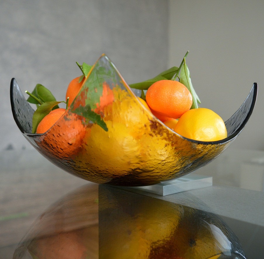 Modern Minimalist Fruit Bowl. Centerpiece Salad Bowl. Mininalist Fused Glass Bowl. Transparent Grey Fused Glass Bowl. Display Bowl L