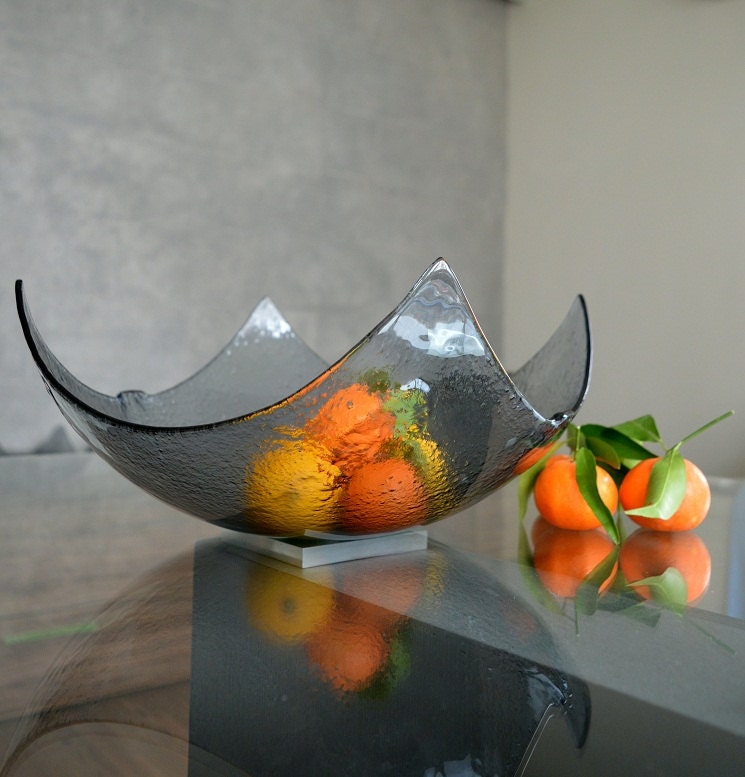 Modern Minimalist Fused Glass Fruit Bowl. Centerpiece Salad Bowl. Mininalist Glass Bowl. Grey Fused Glass Bowl. Designer Fruitbowl XXL