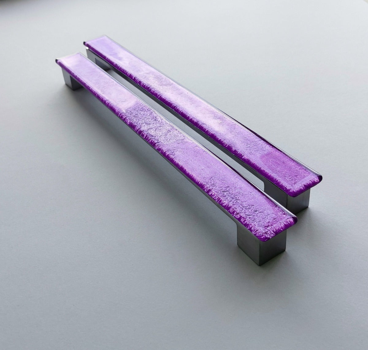 A Set of 2 Large Glass Pulls in Bright Purple. Artistic Sparkly Purple Furniture Glass Pull - 0015