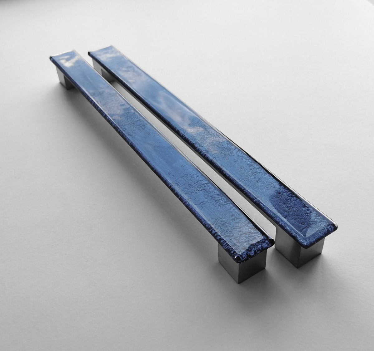A Set of 2 Large Glass Pulls in Indigo Blue. Artistic Indigo Blue Furniture Glass Pull - 0039