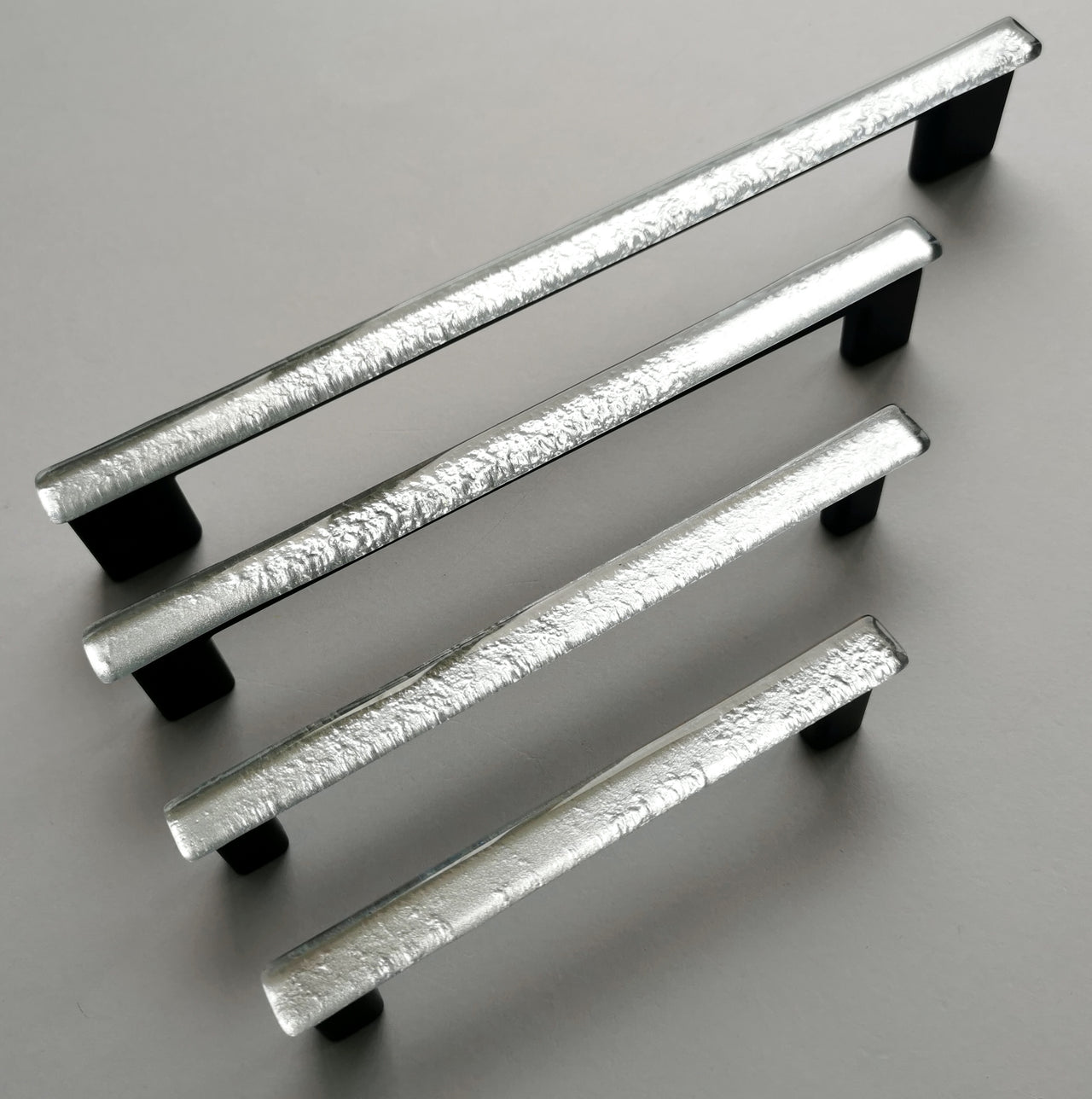 Modern Metallic Silver Fused Glass Pull. Metallic Silver Glass Pull. Silver Glass Cabinet Handle - 0012