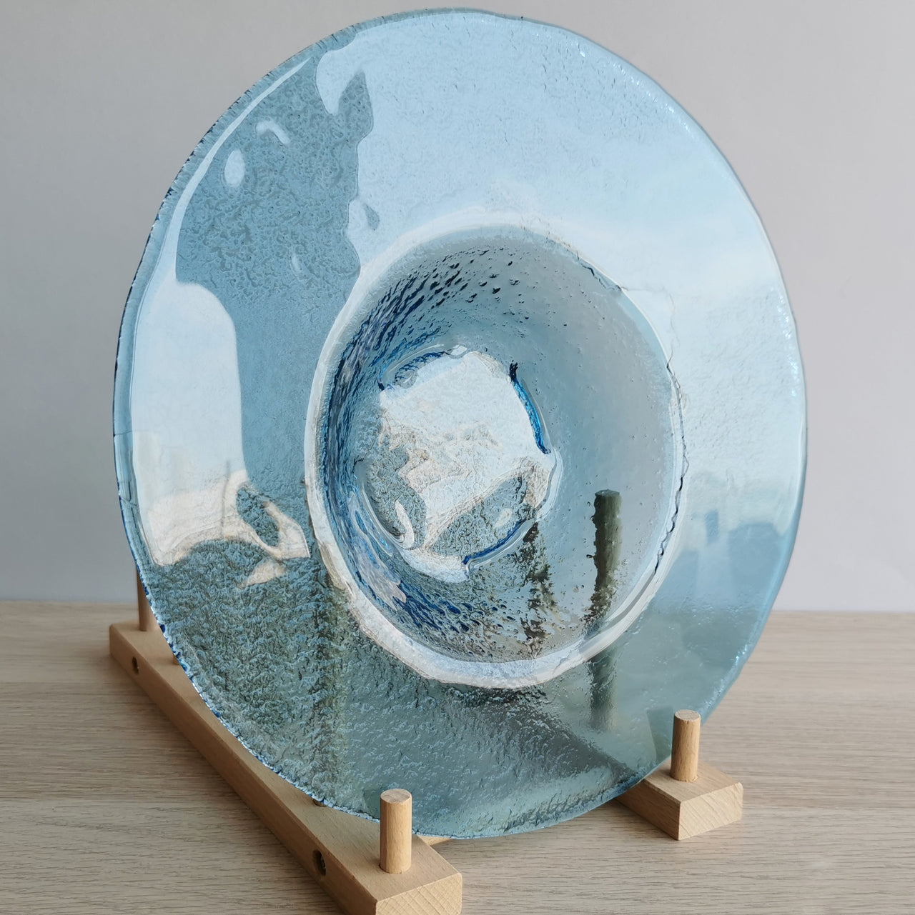 City Minimalist Sky Blue Glass Bowl. Blue Glass Shifted Center Pasta Bowl - 10 5/8" (27cm.)