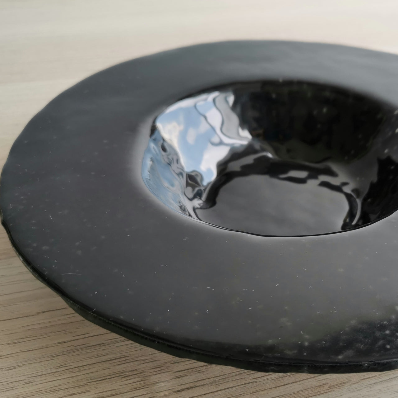 City Minimalist Black Glass Bowl. Black Glass Shifted Center Pasta Bowl - 10 5/8" (27cm.)