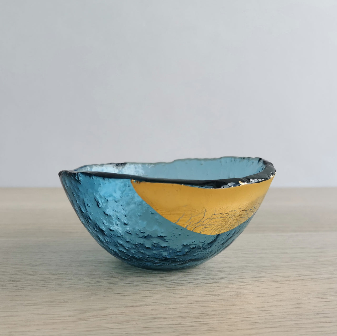 Vanilla Minimalist Sky Blue&Gold Glass Bowl. Small Blue&Gold Glass Deep Sauce Bowl - 4 1/8" (10,5cm.)