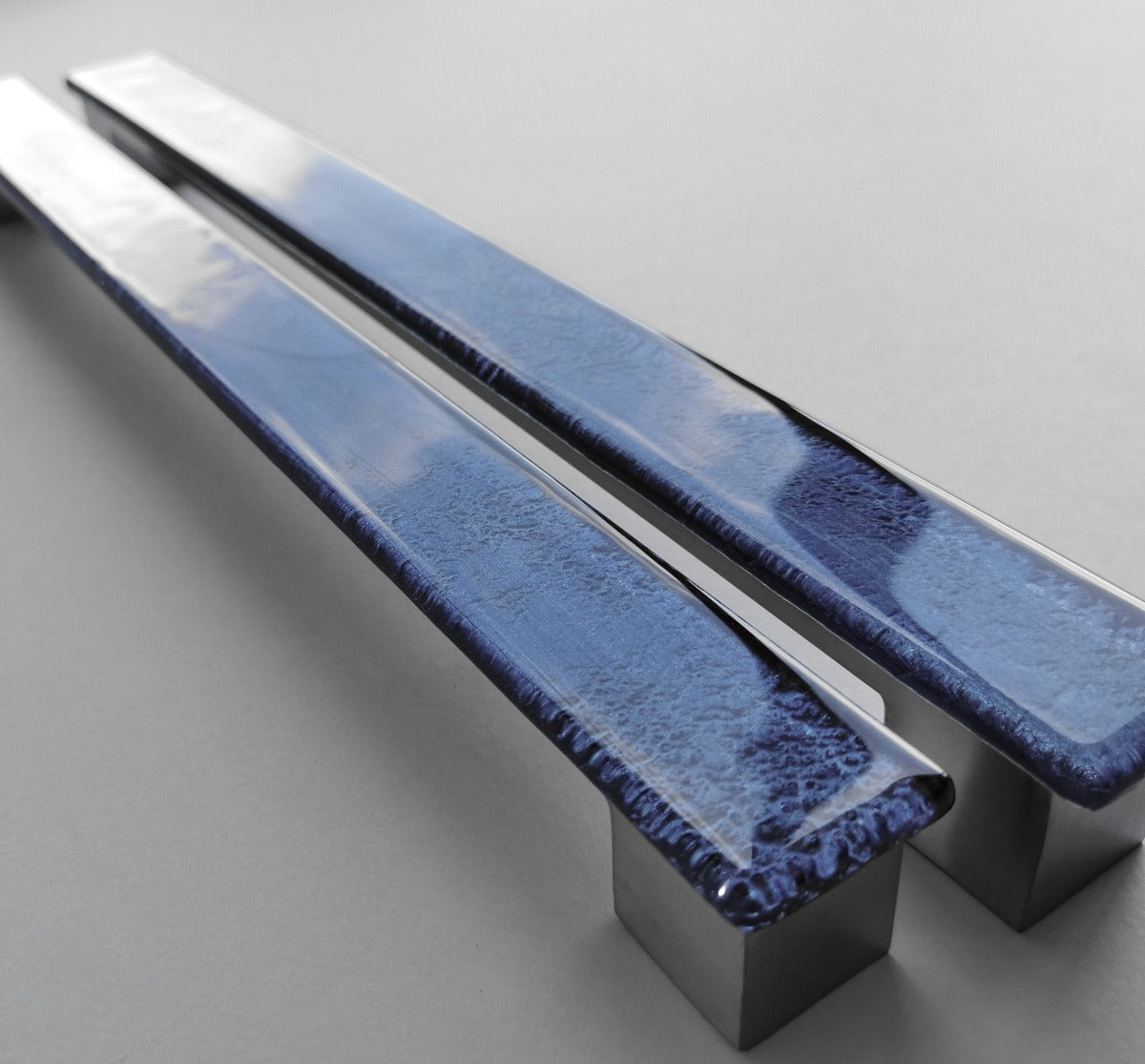 A Set of 2 Large Glass Pulls in Indigo Blue. Artistic Indigo Blue Furniture Glass Pull - 0039